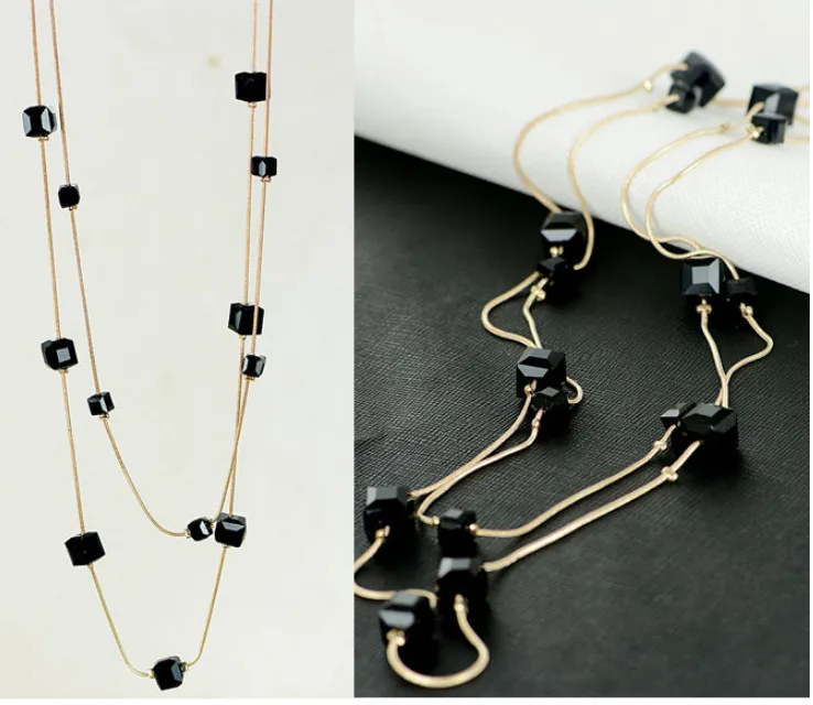 Kymyad Fashion Gold Color Double layer Long Sweater Chain Necklaces For Women Bijoux Cubic Crystal Beads Necklaces & Pendants