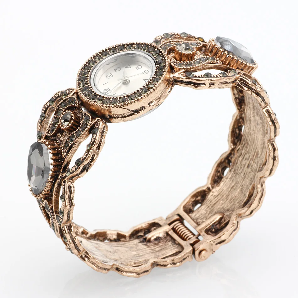 Vintage Round Gray Crystal Bangle Watch Jewelry For Women Antique Gold Color Cuff Bracelet Turkish Wedding Bijoux 2018 Wholesale