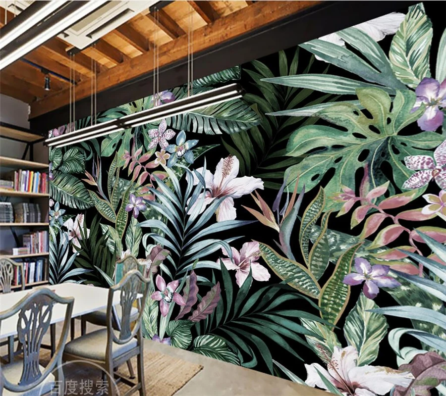 

Beibehang Custom wallpaper hand drawn idyllic tropical rainforest leaves Southeast Asia style TV sofa background 3d wallpaper