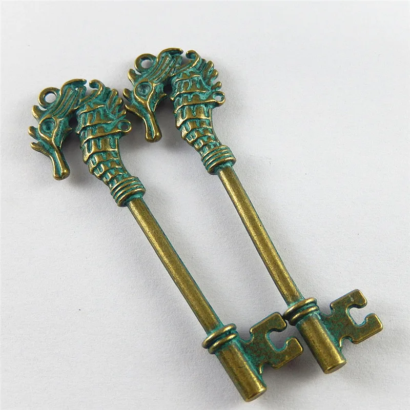 Julie Wang 10PCS Antique Green Bronze Charms Simulated Sea Horse Key Pendants Suspension Jewelry Findings Necklace Accessories