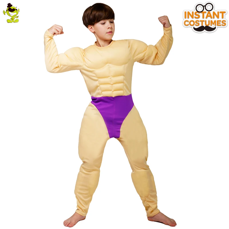 Purim Adult Costumes Cosplay Muscle Jumpsuit Role Play Halloween  Child Boy Muscle Strong Man Clothes