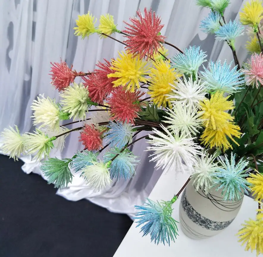 

5pcs Artificial Ball Pompon Flower Branch For Plant Wall Wedding Landscape Archway Ceiling Home Hotal Office Bar Decorative