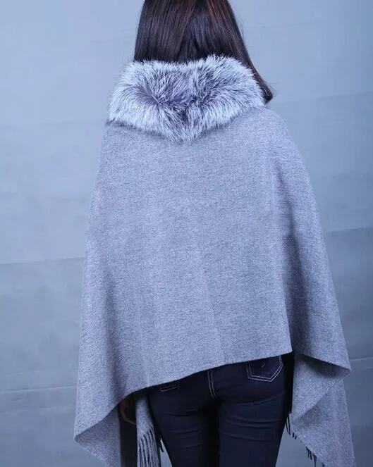 Elegant Lady's Shawl 100% Real Wool 100% Real Wraps Women Fox Fur Female Winter Warm Cape Cloak Coat/Gray