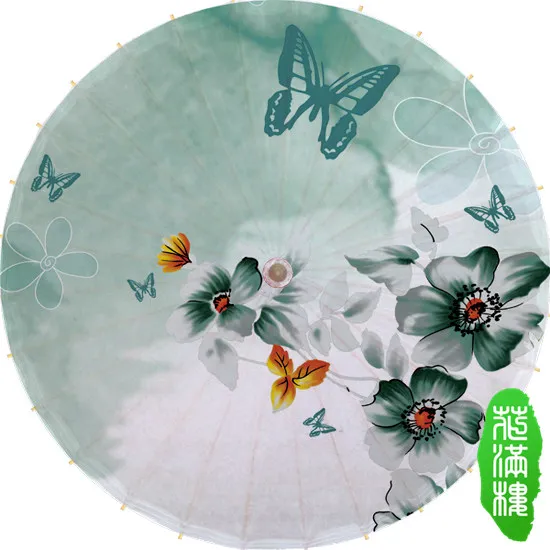 

Aqua Green Flowers With Butterfly Painting Oiled Paper Umbrella Classical Handmade Event Party Decor Dance Collection Umbrella