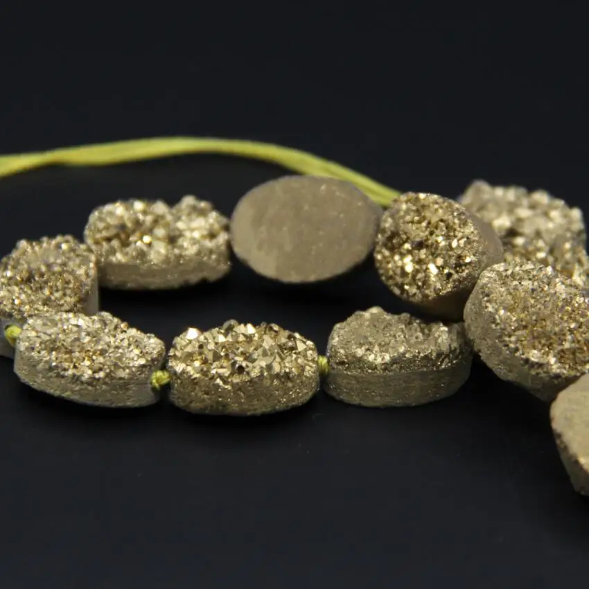 Approx11PCS/strand Natural Quartz Geode Drusy Oval Slab Nugget Beads,Gold Titanium Roug Agates Crystal Druzy Slice Pendant