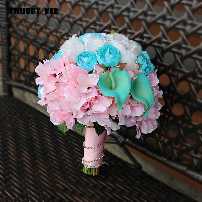 100% Hi-Q Romantic Bridal Bouquets Handmade Artifical Flower Bouquet Wedding Bridal bouquet Ramo Novia pink & blue color bouquet