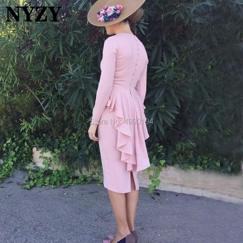 

Robe Cocktail Dresses NYZY C200 Pink Satin Long Sleeves Knee Length Formal Dress Party Prom Homecoming 2019