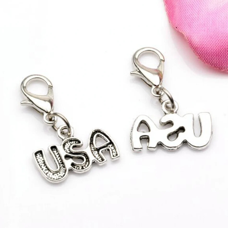 25Pcs Alloy Alphabet USA  Floating Lobster Clasps Charm Pendants For Jewelry Making Findings 24X16mm  Cv21