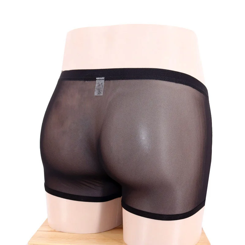 The Hot Sexy Mens Transparent Mesh Lingerie Boxer Underwear with Elephant Bulge Black White Color For Man Gay