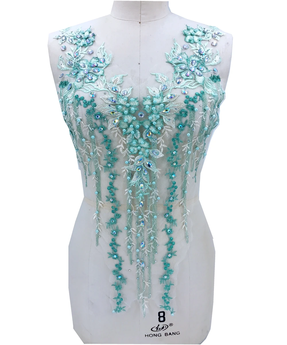 Pure handmade rhinestones light green lace applique sew on crystal trimming patches 60*33cm/62*30cm for dress accessory