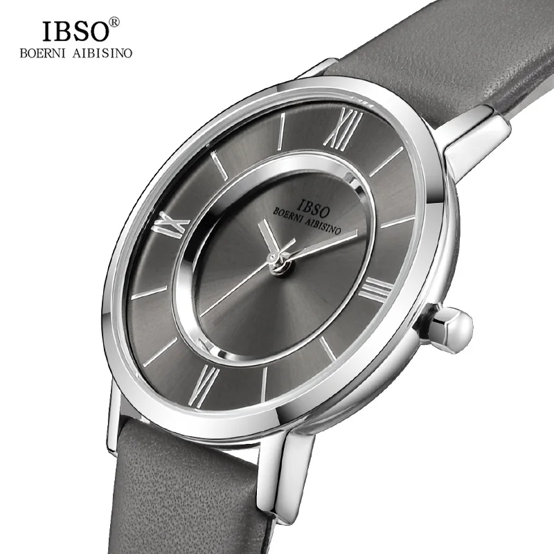 IBSO New Brand 7 MM Ultra-Thin Women Watches 2021 Gray Genuine Leather Strap Ladies Watch Luxury Quartz Watch Women Montre Femme