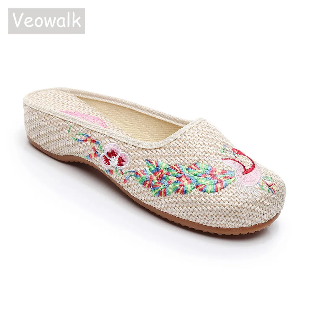 Veowalk Crane Embroidered Women Linen Cotton Close Toe Slippers Vintage Chinese Ladies Comfort Slip on Flat Slide Shoes Beige