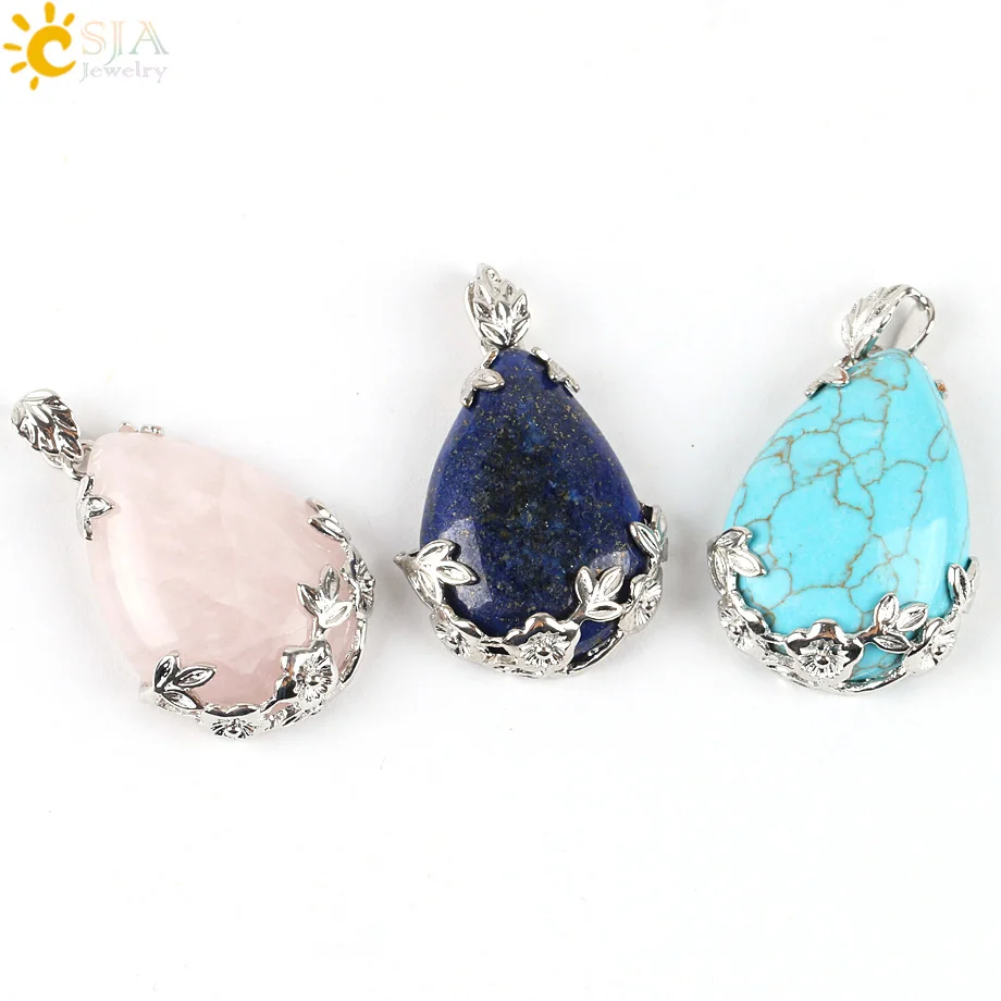CSJA Jewelry Shopping Online Women Natural Pink Quartz Stone Necklace & Pendant Tear Water Drop Love Reiki Bead Ketting E082