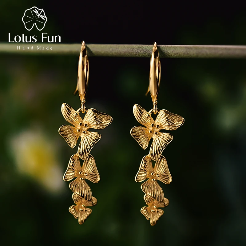 Lotus Fun Real 925 Sterling Silver Original Handmade Fine Jewelry 18K Gold Triple Flowers Fashion Drop Earrings for Women Gift