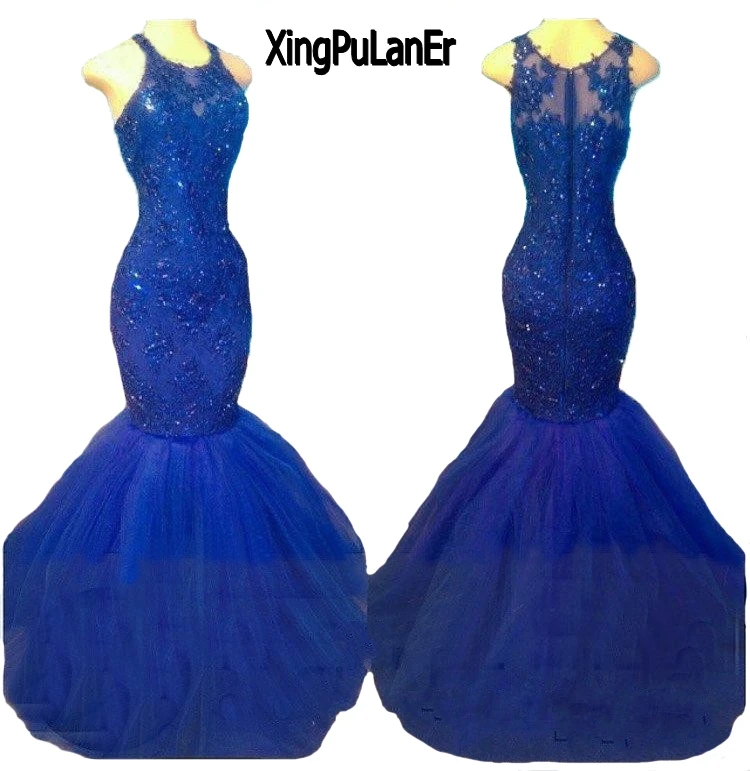 Xingpuaner – robe de soirée de forme sirène, en dentelle bleu Royal, avec des appliques, sur mesure, grande taille