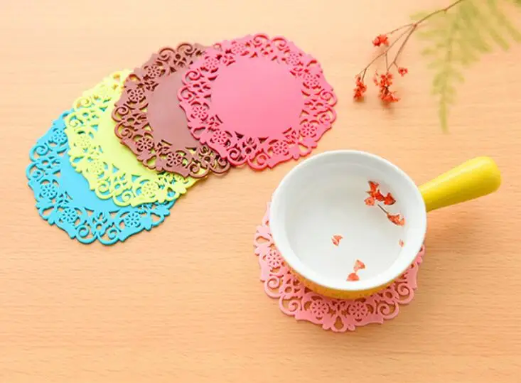 1000pcs hot Colorful Lace Flower Hollow Design Round Silicone Table Heat Resistant Mat Cup Coffee Coaster Cushion Placemat Pad