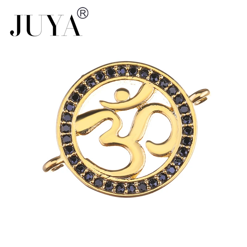 OM Aum Ohm Mantra Sign Disc Charm DIY Metal Bracelet Necklace Jewelry Findings Accessories Copper Inlaid Black Zircon Rhinestone