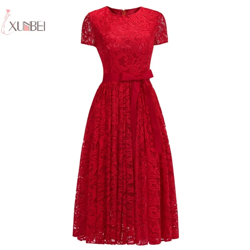 2019 Red Burgundy Women Lace Short Prom Dresses A line Short Sleeve Prom Gown Gala Dress Vestido de festa