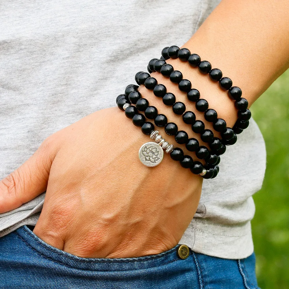 Natural Black Onyx Mala 108 Beads Bracelet Necklace Women Men Tree Life Om Charm Stone Powerful protection Yoga Jewelry