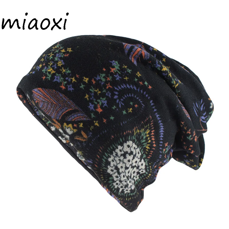 New Fashion Hat For Women\'s Autumn Warm Beanies Skullies Adult Lady Floral Gorros Double Used Hats Scarf High Quality Bonnet