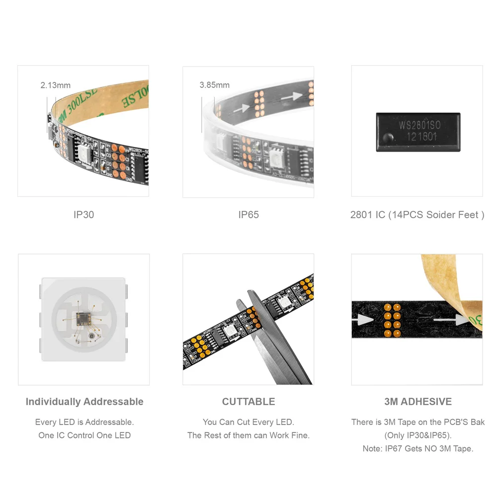 Ws2801 rgb LEDストリップ,32ピクセル/LED/m,急速充電,データと時計,1m 2m 3m 4m 5m,個人用,黒/白