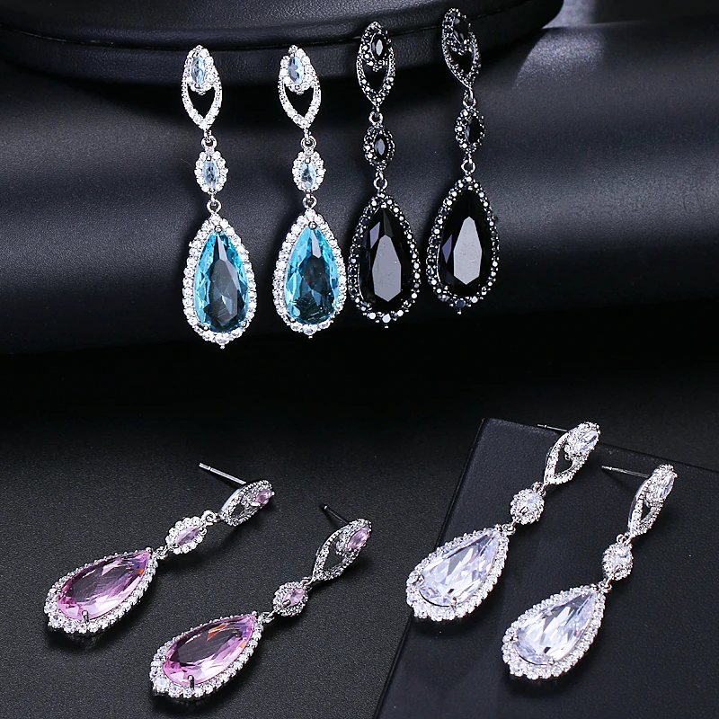 EMMAYA Luxury Bridal Four Colors Vintage Allure Crystal Waterdrop Long Drop CZ Earrings For Women Wedding Jewelry Gift