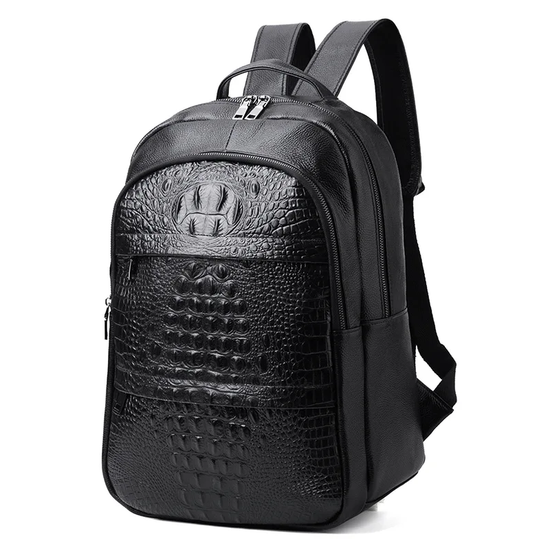 Imagem -02 - Mochilas de Couro Genuíno para Homens Jacaré Moda Mochila Estudantil de Couro Natural Real Menino Luxo Viagem Computador Laptop Bolsa 100 Genuíno