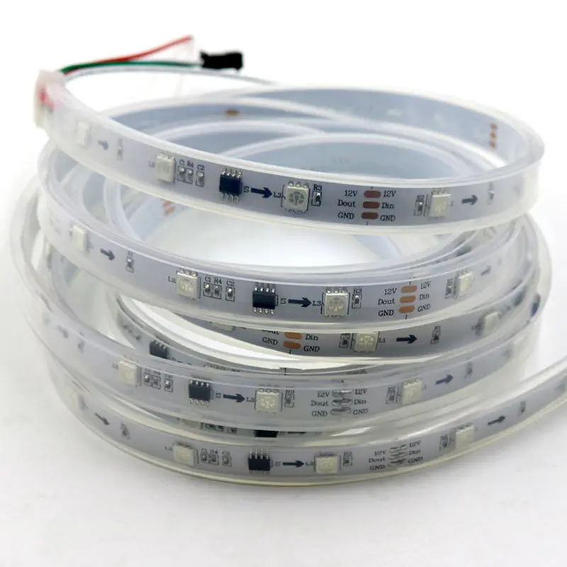 شريط إضاءة رقمي LED بطول 5 أمتار، مدخل DC12V، WS2811IC (مقياس 256)؛ 10 قطع IC و30 قطعة 5050 SMD RGB لكل متر؛ مقاوم للماء في أنبوب السيليكون