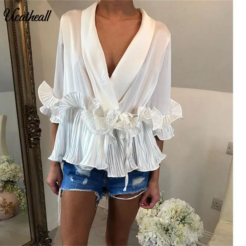 

2020 Summer New Fashion Butterfly Sleeve Deep V Ruffles Blouse Women Casual Bow Tie WaistT Ruffles Blouses For Women