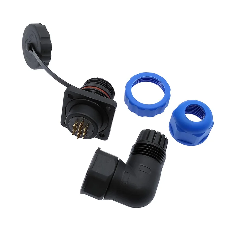 SP20 waterproof connector 2/3/4/5/6/7/8/9/10/12/14 pin IP68 angle connectors 90 degree elbow flange socket