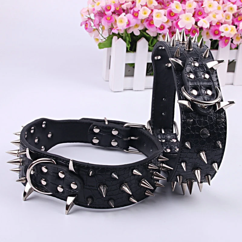 High Quality PU Leather Black Dog Collars Cool Spiked & Studded Pet Dog Collar For Medium Large Dogs Pitbulls Mastiff Bully 089