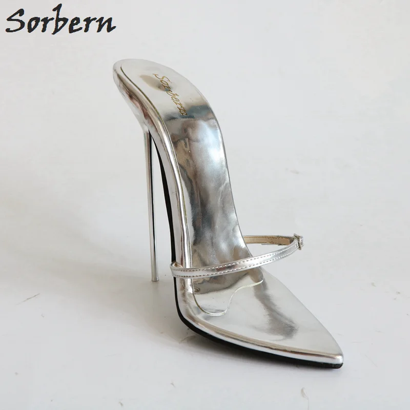 Sorbern Super cienkie metalowe klapki na obcasie kobiety klub nocny Party obcasy damskie slajdy T pokaż sandały Sexy nowy 12cm 14cm 16cm