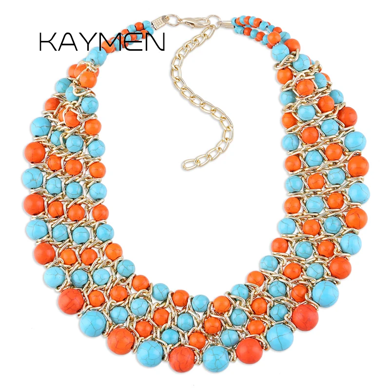 KAYMEN Fashion New Imitation Turquoise Stands Weaving Statement Necklace for Women Handmade Beaded Chunky Chokers Wholesale