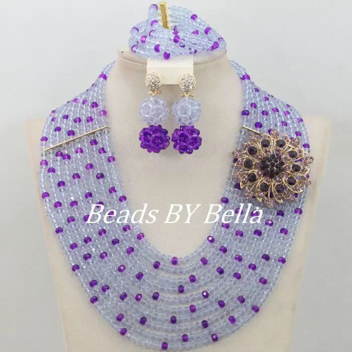 Lilac Purple Crystal Beads Necklace Costume Nigerian Wedding African Beads Jewelry Set Bridal Jewelry Sets Free Shipping ABF205