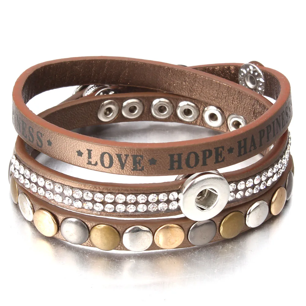 Hot Sale Leather 12mm Snap Button Bracelet Watches Fit 12mm Snap Jewelry Love Hope Happiness Leather Bracelet for Women Men Gift