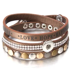 Hot Sale Leather 12mm Snap Button Bracelet Watches Fit 12mm Snap Jewelry Love Hope Happiness Leather Bracelet for Women Men Gift