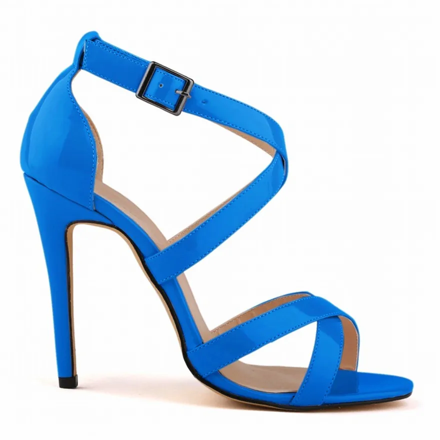 New Summer Women\'s Concise Solid Patent Leather Rome Sandals Open Toe High Heels Shoes Sexy Cross Buckle Party Sandals for Women