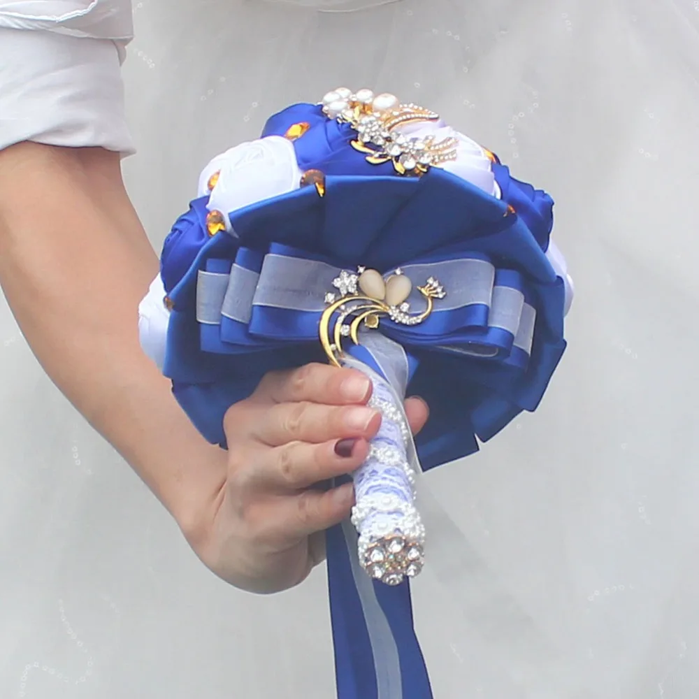 WifeLai-A Gold Brooch Hand Holding Flower Bouquets Custom Royal Blue Ivory Bridal Bridesmaid Crystal Silk Wedding Bouquet  W227