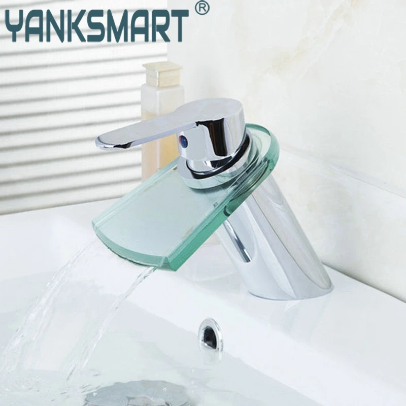 YANKSMART Basin Faucet Transparent Glass Waterfall Faucets Wash 1 Handle Bathroom Chrome Deck Mount Sink Vessel Mixer Water Tap