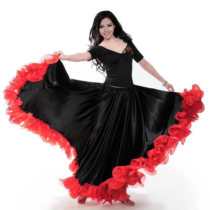 Vestido de baile flamenco español, dobladillo oscilante grande con falda, borde de dobladillo de encaje, falda larga de baile de toro rojo y negro para salón de baile