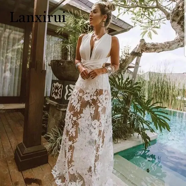 

Sexy Women Dress Sleeveless Lace High Waist Dress Female White Long Maxi Dresses Saida Feminino