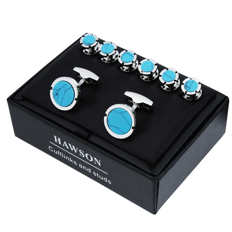 HAWSON Brand Cufflinks and Studs Set Fashion & High Quality Classic Men Blue Cuff Links for Tuxedo