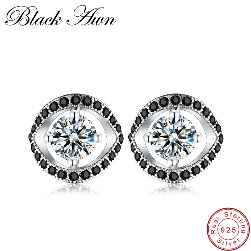 

[BLACK AWN] Genuine 925 Sterling Silver Earrings Black Spinel Eyes Engagement Stud Earrings for Women Silver 925 Jewelry T015