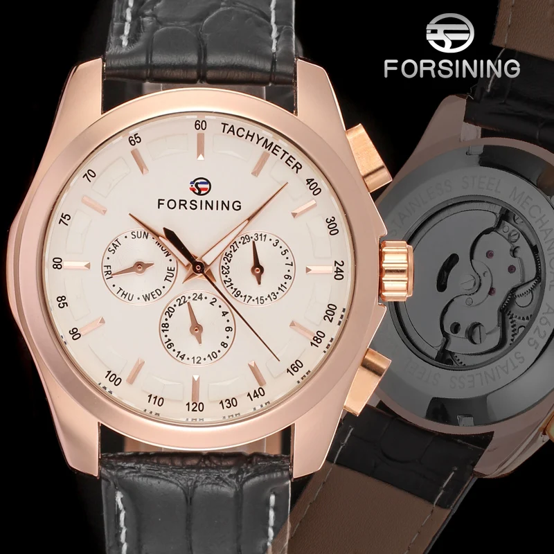 Fashion Forsining Top Brand Men Automatic Mechanical Watch Men\'s Gold Casual Wristwatches Genuine Leather Calendar 24 Hour Clock