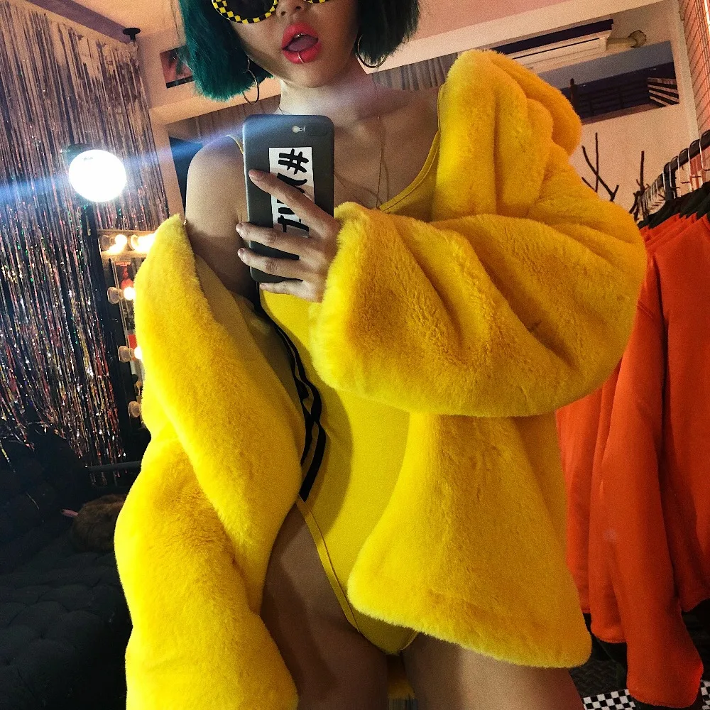 Yellow Faux Fur Jacket Women\'s Winter Coat Top Long Sleeve Elegant Fluffy Shaggy Fake Fur Coats Female Outerwear Ladies Overcoat