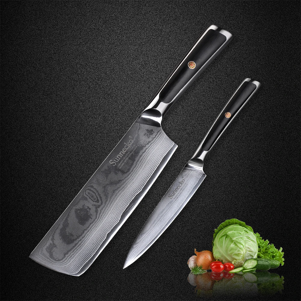 

SUNNECKO 2pcs Damascus Steel Kitchen Knives Set 5" Utiliy 7" Nakiri Chopping Cleaver Germany Style Slicing Meat Fishing Tool