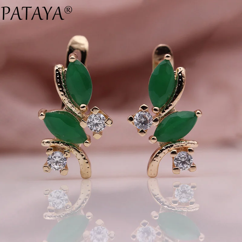 PATAYA New 585 Rose Gold Color Earring Turkey Antique Women Fashion Brinco Double Horse Eye Green Natural Zircon Dangle Earrings