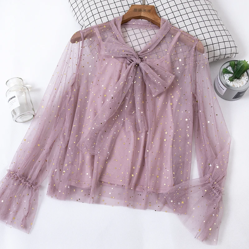 2024 Women Summer Flare Sleeve Bling Star Sequin Lace Basic Shirt Elegant Lady Bandage Strap Elastic Mesh Gauze Chic Blouse Tops