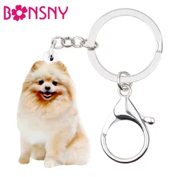 Bonsny Acrylic Happy Sitting Pomeranian Dog Key Chains Keychain Rings Animal Jewelry For Women Girls Teens Handbag Charms Gift