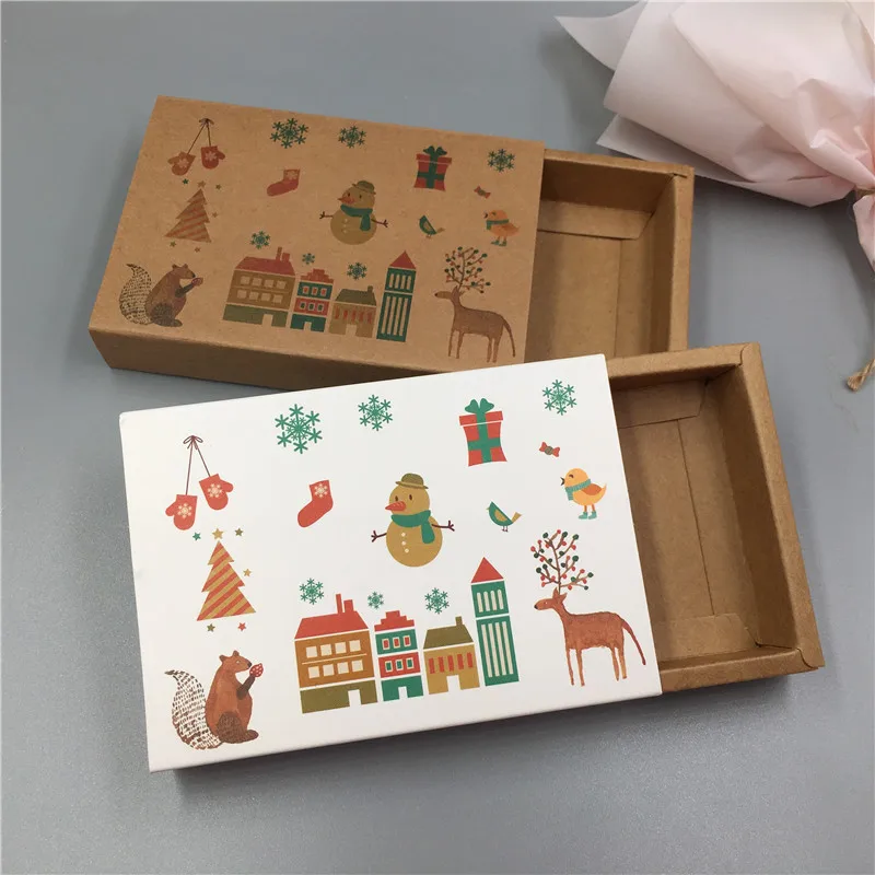 100Pcs/Lot 11.5x8x2.2cm Drawer Paper Cardboard Box Hollow Heart Chrysanthemum Squirrel Christmas Tree House Printing Storage Box